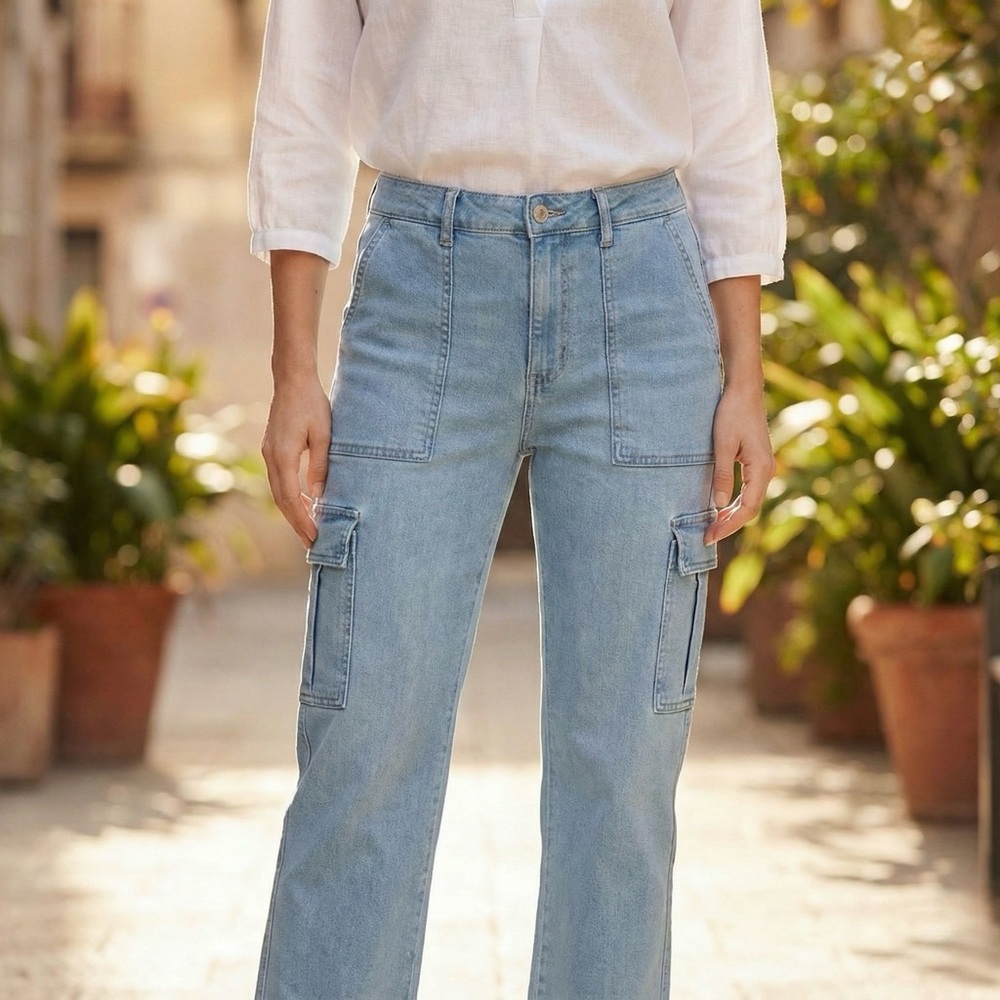 *YMI Women's Light Wash Wide Leg Cargo Jeans Size‎ 9